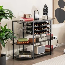 Étagère Range Bouteille à 3 Niveaux avec Station de Charge Intégrée Étagères Ouvertes et Porte bouteilles de Vin Gris
