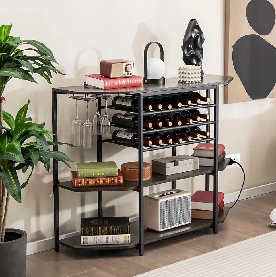 Étagère Range Bouteille à 3 Niveaux avec Station de Charge Intégrée Étagères Ouvertes et Porte bouteilles de Vin Gris
