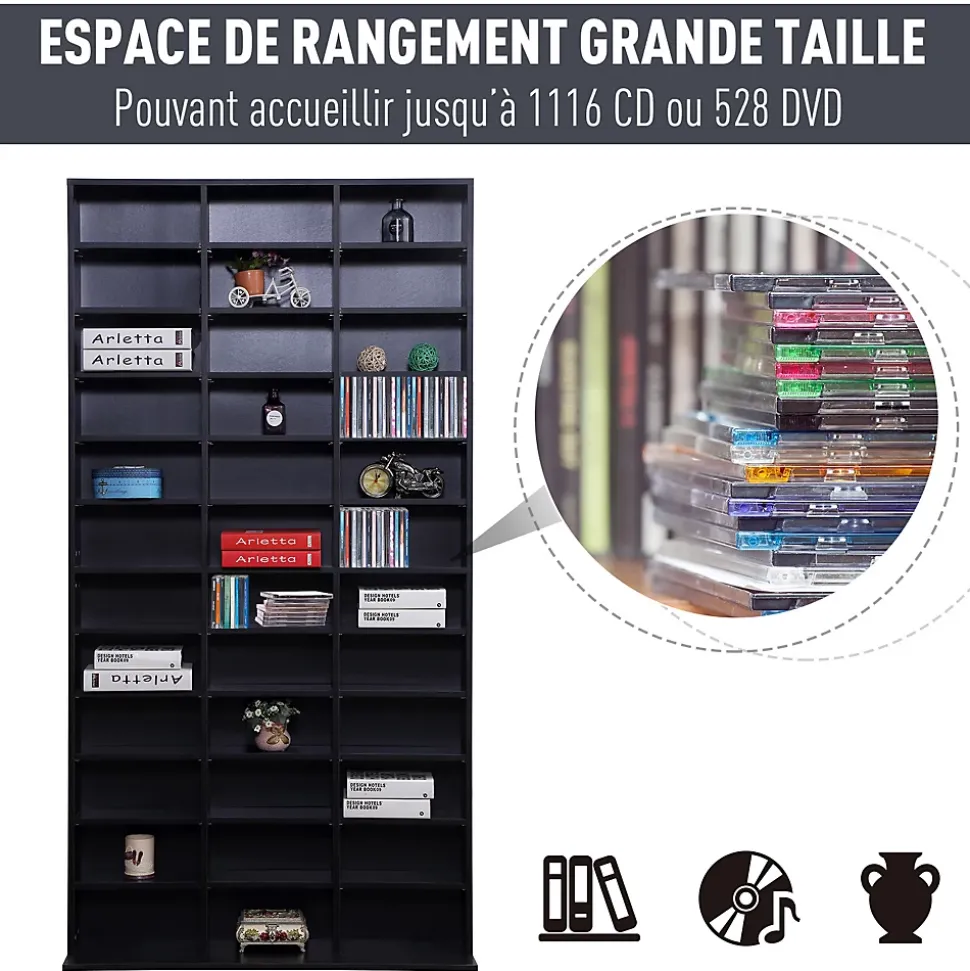Étagère rangement CD/DVD - 1116 CDs 33 compartiments réglables en hauteur - 102 x 24 x 195 cm - effet bois