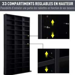 Étagère rangement CD/DVD - 1116 CDs 33 compartiments réglables en hauteur - 102 x 24 x 195 cm - effet bois