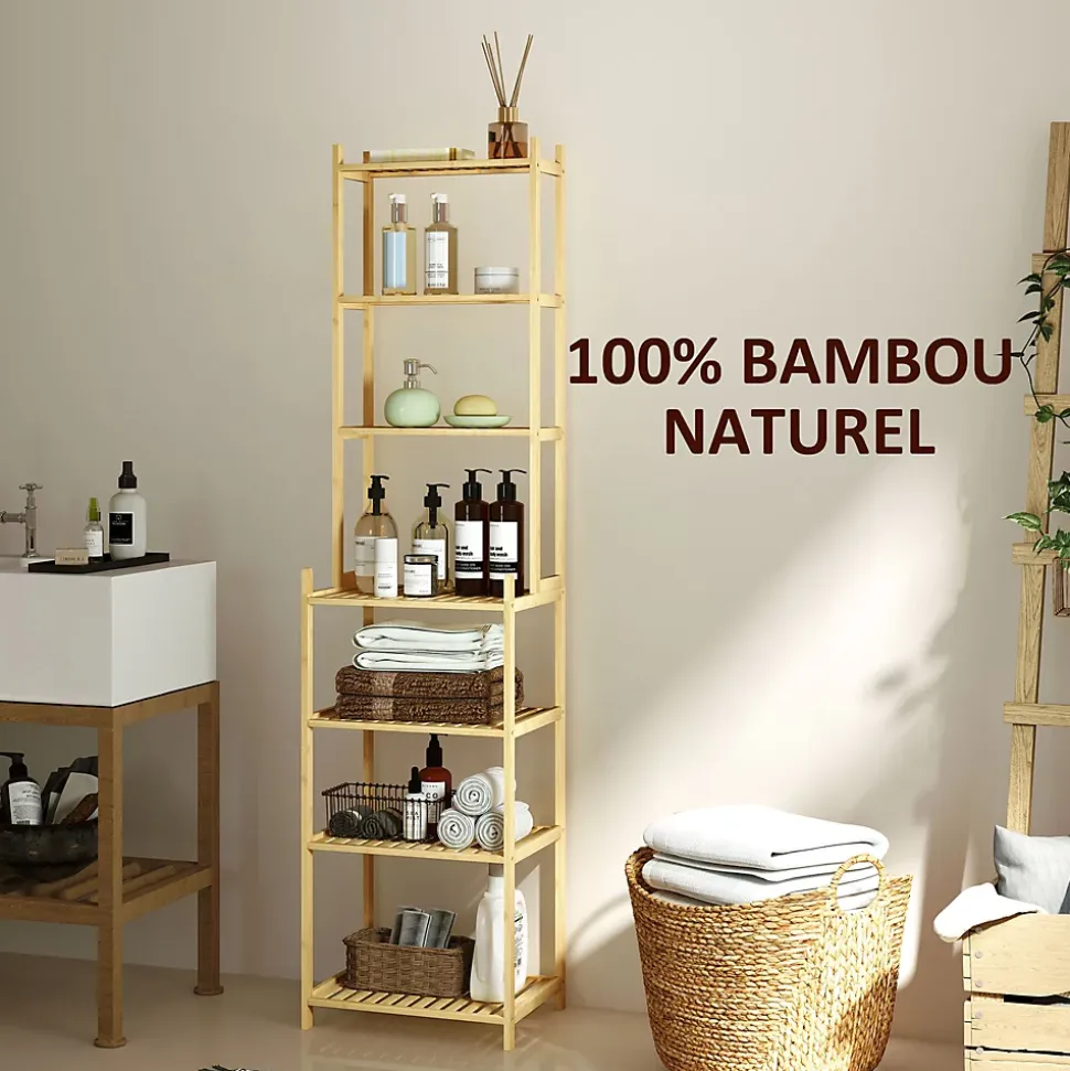 Étagère salle de bain bois bambou verni 7 niveaux étagères à lattes dim. 44 x 33 x 180 cm