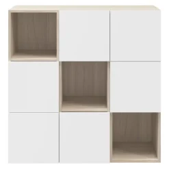 Étagère semi ouverte 9 cases effet chêne avec 6 portes blanches GoodHome Atomia H. 112,5 x L. 112,5 x P. 37 cm