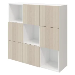 Étagère semi ouverte 9 cases blanche avec 6 portes effet chêne GoodHome Atomia H. 112,5 x L. 112,5 x P. 37 cm