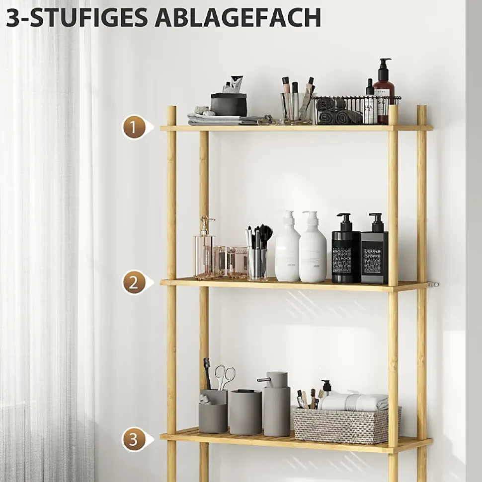 Étagère WC 3 niveaux en bois naturel, meuble salle de bain gain de place avec système anti-basculement, style champêtre