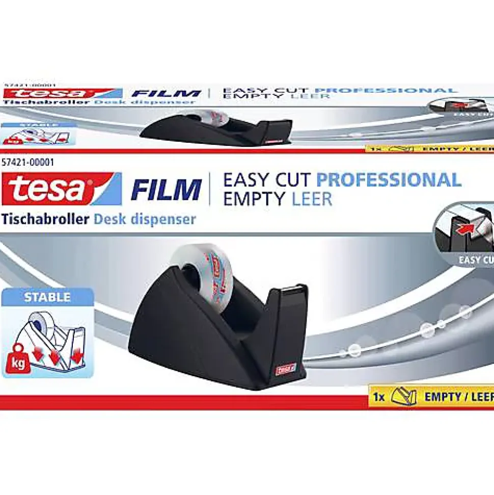 tesa Easy Cut dérouleur de table noir, compatible rouleaux jusqu'à 33 m - robuste pour bureau et maison