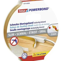 tesa SLIM 55714-00000-00 Ruban de montage Powerbond blanc 5 m x 9 mm, 2 rouleaux