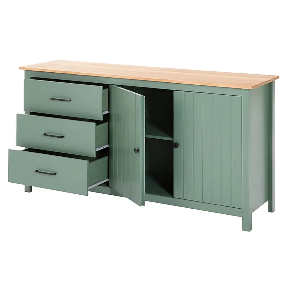 TINA - Buffet Bas 2 Portes 3 Tiroirs Bois Ciré et Vert