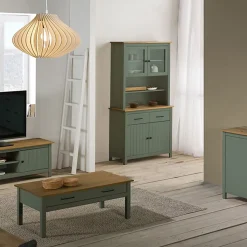 TINA - Buffet Haut 4 Portes 2 Tiroirs Bois Ciré et Vert