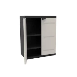 TITANIUM PLASTIKEN Armoire basse 2 portes avec etageres l70 x p44 x h88 cm Beige et Noire Gamme TITANIUM Interieur/Exterieur