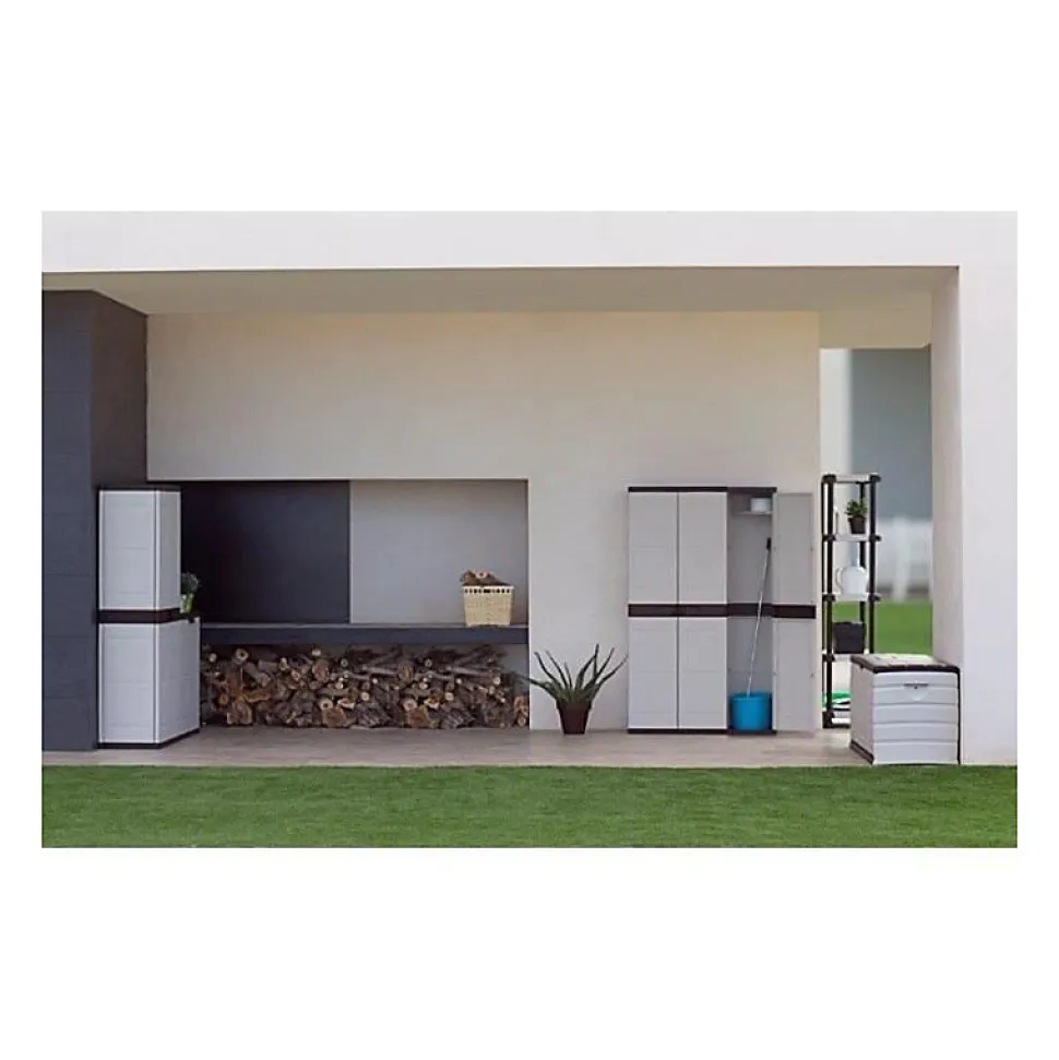 TITANIUM PLASTIKEN Armoire basse 2 portes avec etageres l70 x p44 x h88 cm Beige et Noire Gamme TITANIUM Interieur/Exterieur