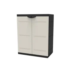 TITANIUM PLASTIKEN Armoire basse 2 portes avec etageres l70 x p44 x h88 cm Beige et Noire Gamme TITANIUM Interieur/Exterieur
