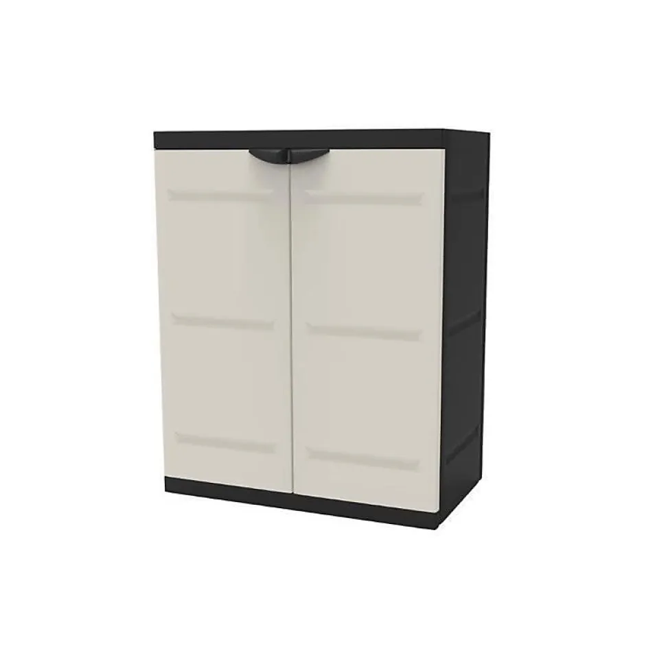 TITANIUM PLASTIKEN Armoire basse 2 portes avec etageres l70 x p44 x h88 cm Beige et Noire Gamme TITANIUM Interieur/Exterieur