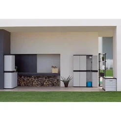 TITANIUM PLASTIKEN Armoire 3 portes avec etageres + penderie l105 x p44 x h176 cm Beige et Noire Gamme TITANIUM Interieur/Exter