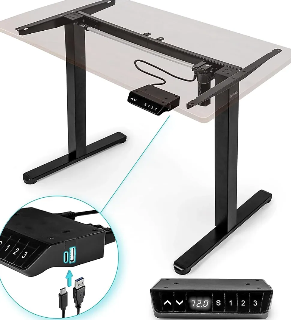 TM51 BK Structure pour bureau assis debout électrique Hauteur ajustable de 72 à 118 cm Charge max 70 kg Plateau à ajouter Duronic