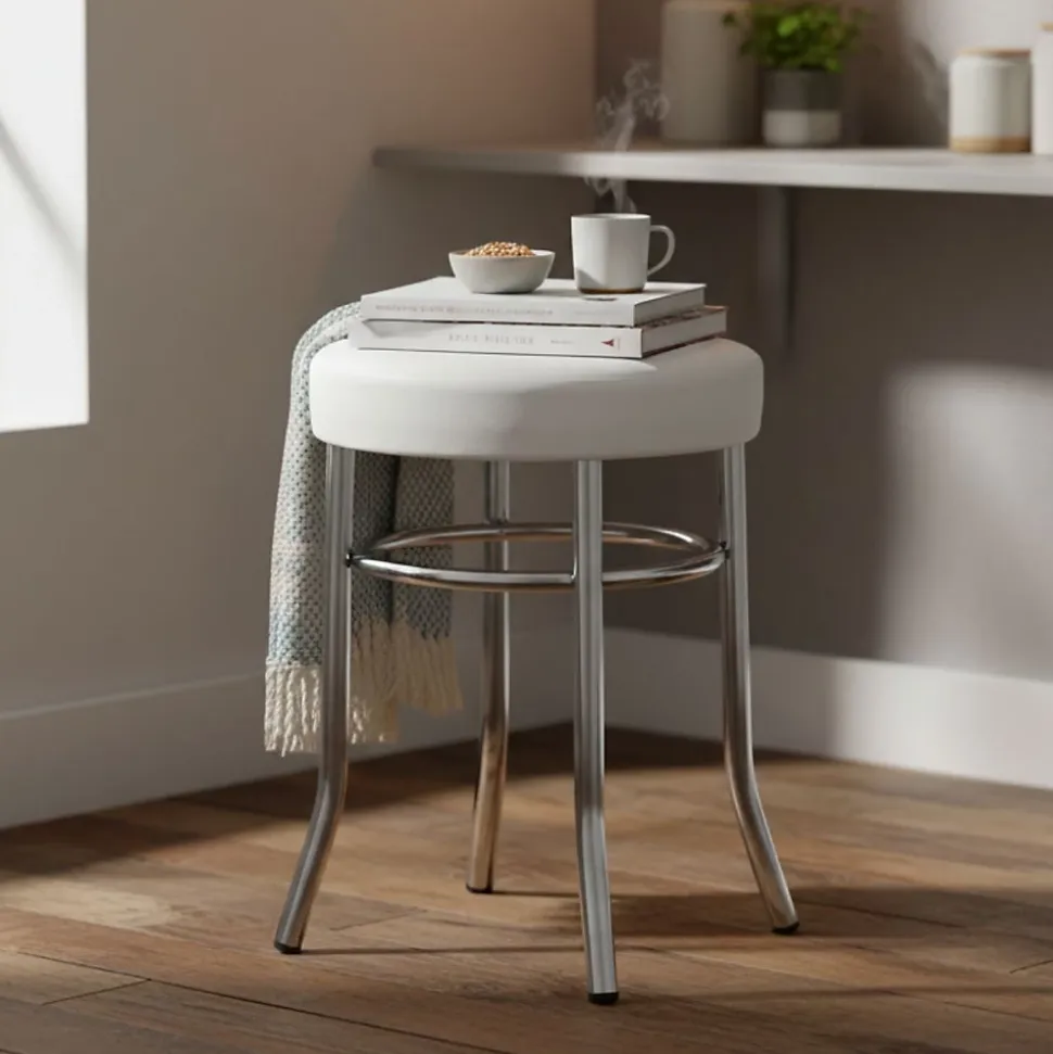 TODARO - Tabouret Acier Chromé et Simili Blanc