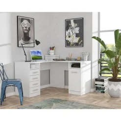 TOLEDE Bureau dangle 1 porte 4 tiroirs - Decor papier blanc - L 125 x P 125 x H 75 cm