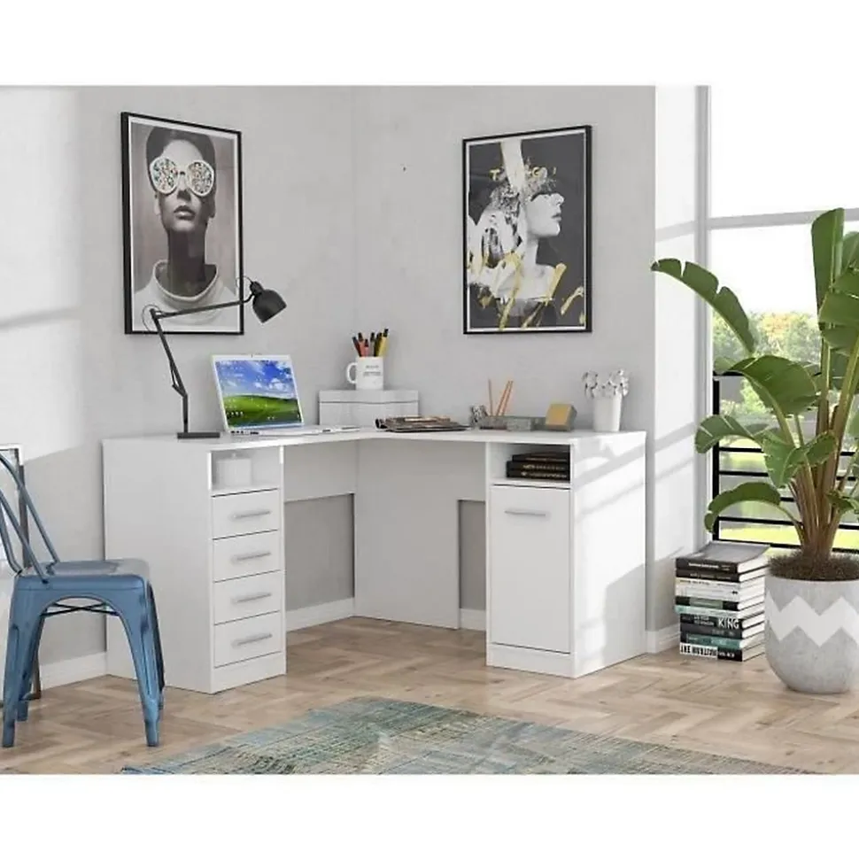 TOLEDE Bureau dangle 1 porte 4 tiroirs - Decor papier blanc - L 125 x P 125 x H 75 cm