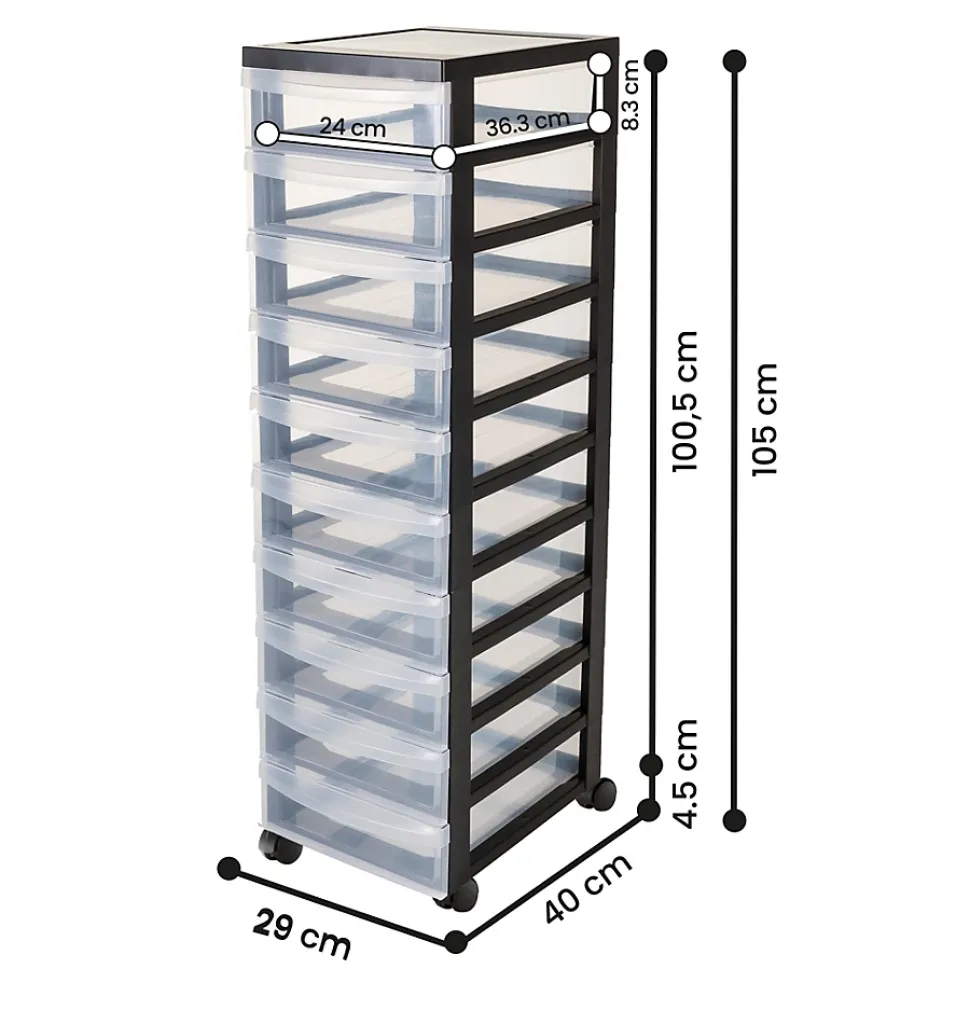 Tour de rangement plastique sur roulettes A4, 10 Petits Tiroirs, Noir, DC-010, Iris Ohyama