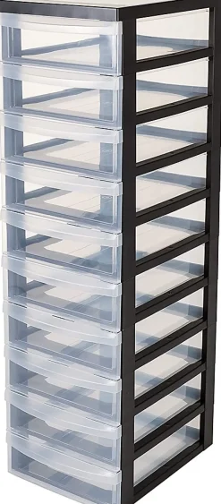 Tour de rangement plastique sur roulettes A4, 10 Petits Tiroirs, Noir, DC-010, Iris Ohyama