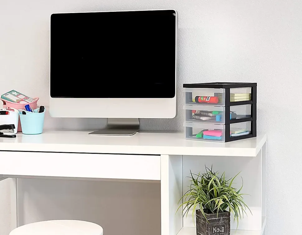 Tour de rangement Plastique Bureau A5, 3 Petits Tiroirs, Lot de 2, Noir, DC-A5, Iris Ohyama