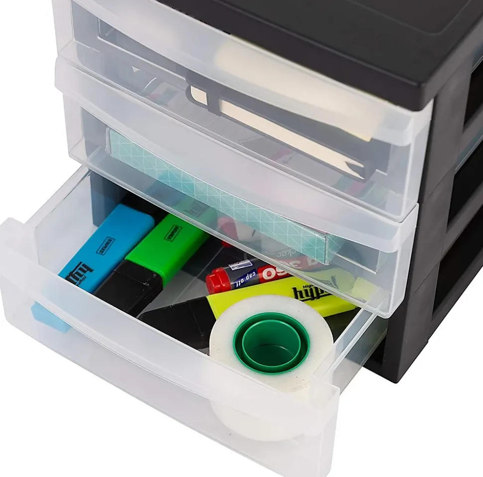 Tour de rangement Plastique Bureau A5, 3 Petits Tiroirs, Lot de 2, Noir, DC-A5, Iris Ohyama