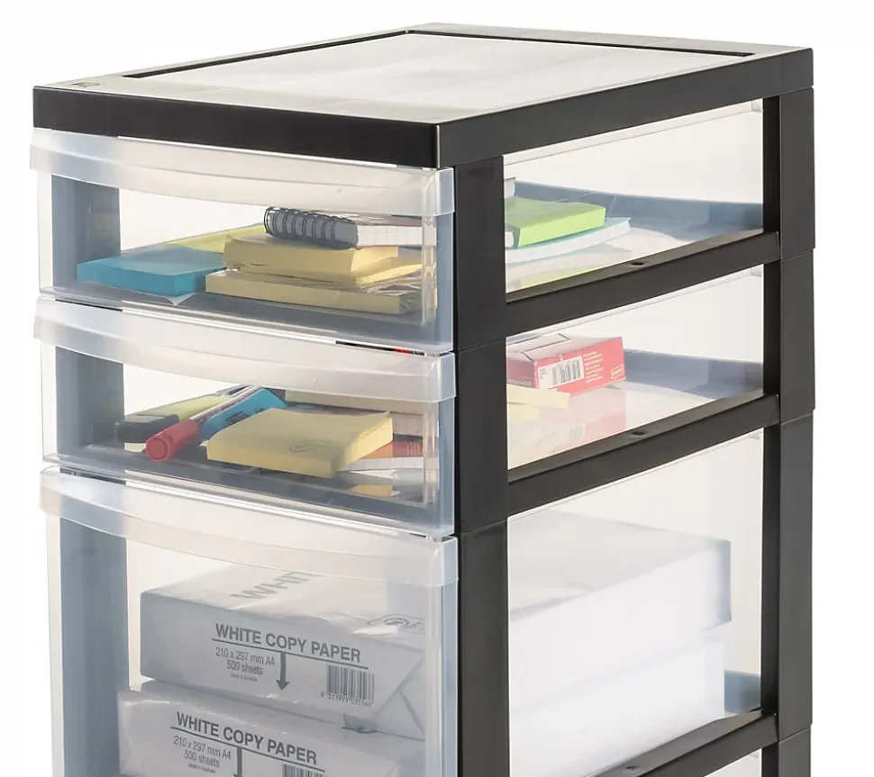 Tour de rangement plastique sur roulettes A4, 4 Tiroirs mix, Noir, DC-322, Iris Ohyama