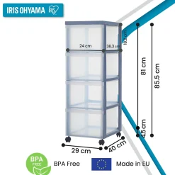 Tour de rangement plastique sur roulettes A4, 4 Grands Tiroirs, Argent, DC-304, Iris Ohyama