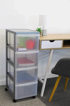 Tour de rangement plastique sur roulettes A4, 4 Grands Tiroirs, Argent, DC-304, Iris Ohyama