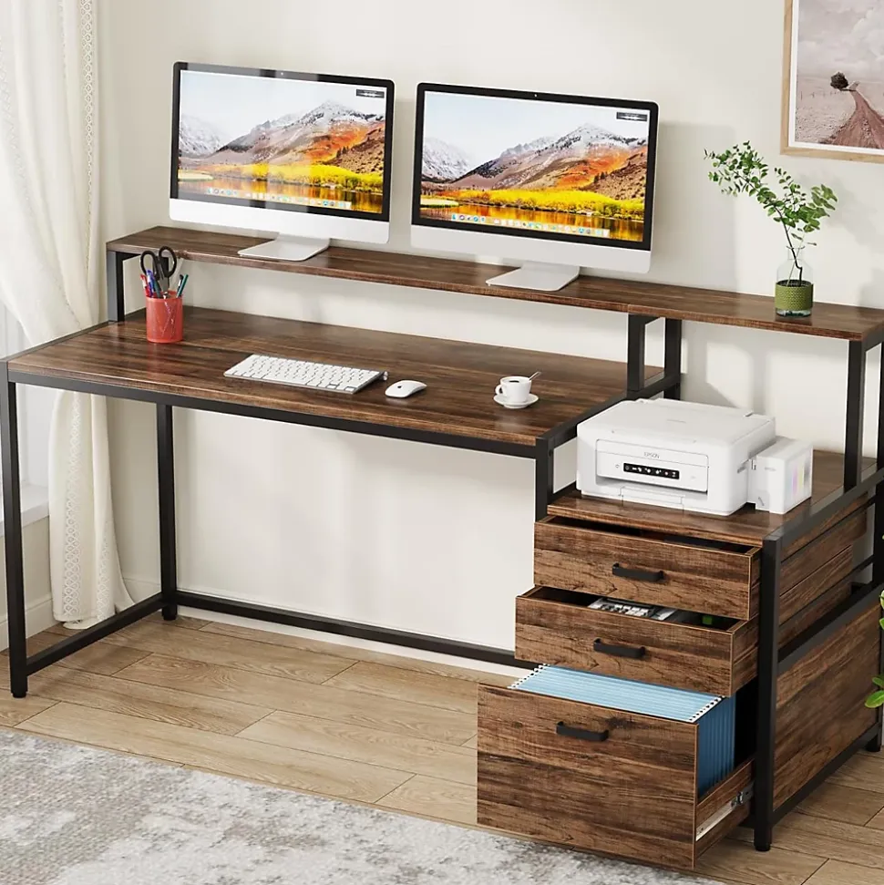 Tribesigns Bureau 160 cm avec tiroirs et support d'écran Marron