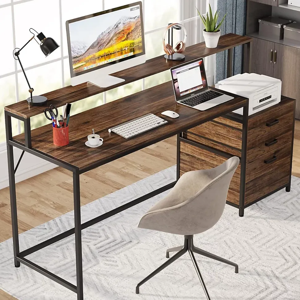 Tribesigns Bureau 160 cm avec tiroirs et support d'écran Marron