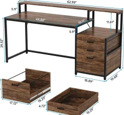 Tribesigns Bureau 160 cm avec tiroirs et support d'écran Marron