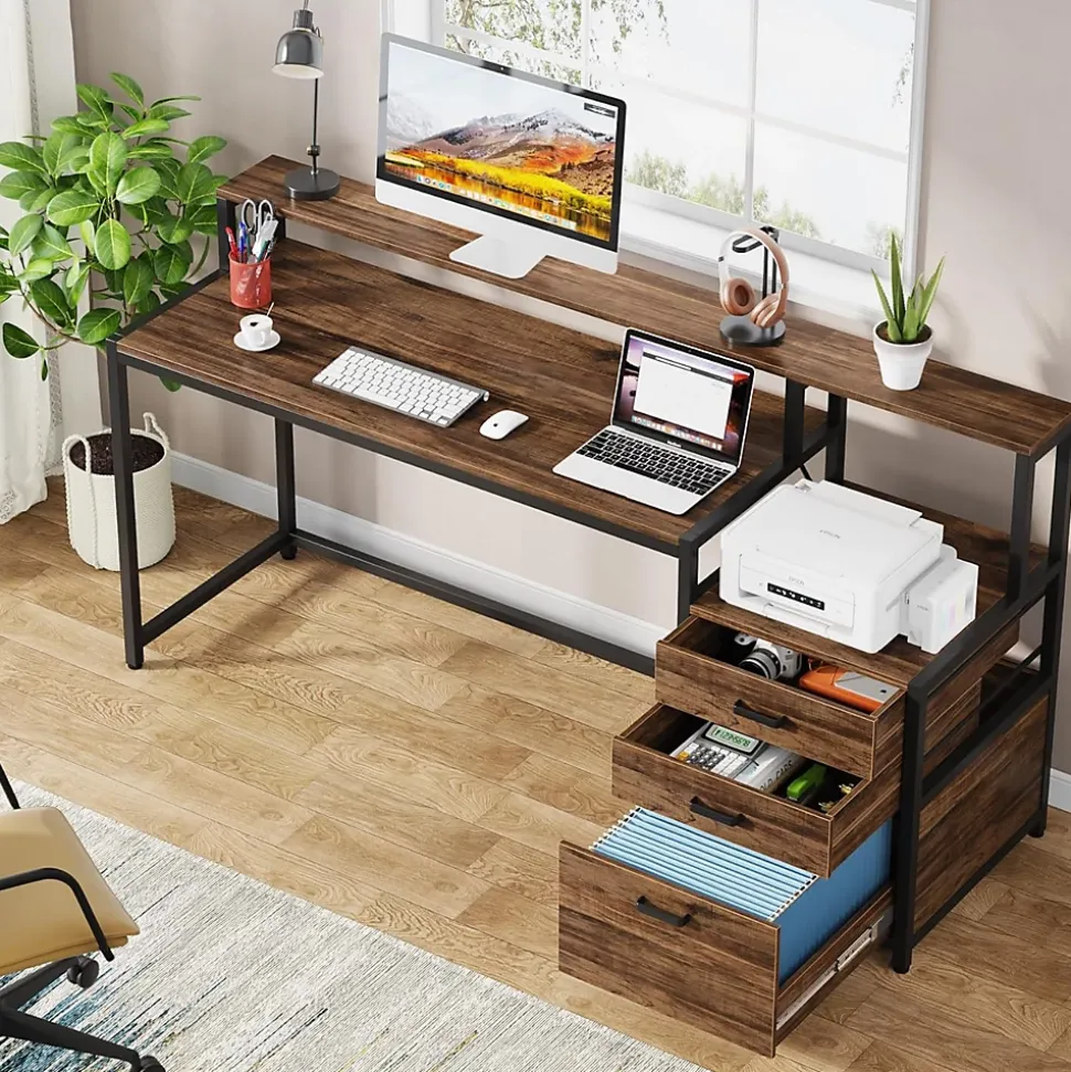 Tribesigns Bureau 160 cm avec tiroirs et support d'écran Marron
