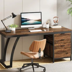 Tribesigns Bureau de 150 cm avec tiroirs réversibles Marron Rustique