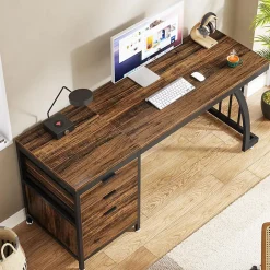 Tribesigns Bureau de 150 cm avec tiroirs réversibles Marron Rustique