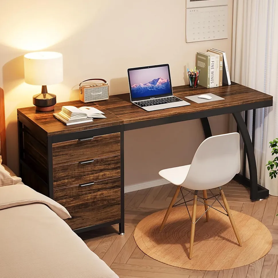 Tribesigns Bureau de 150 cm avec tiroirs réversibles Marron Rustique