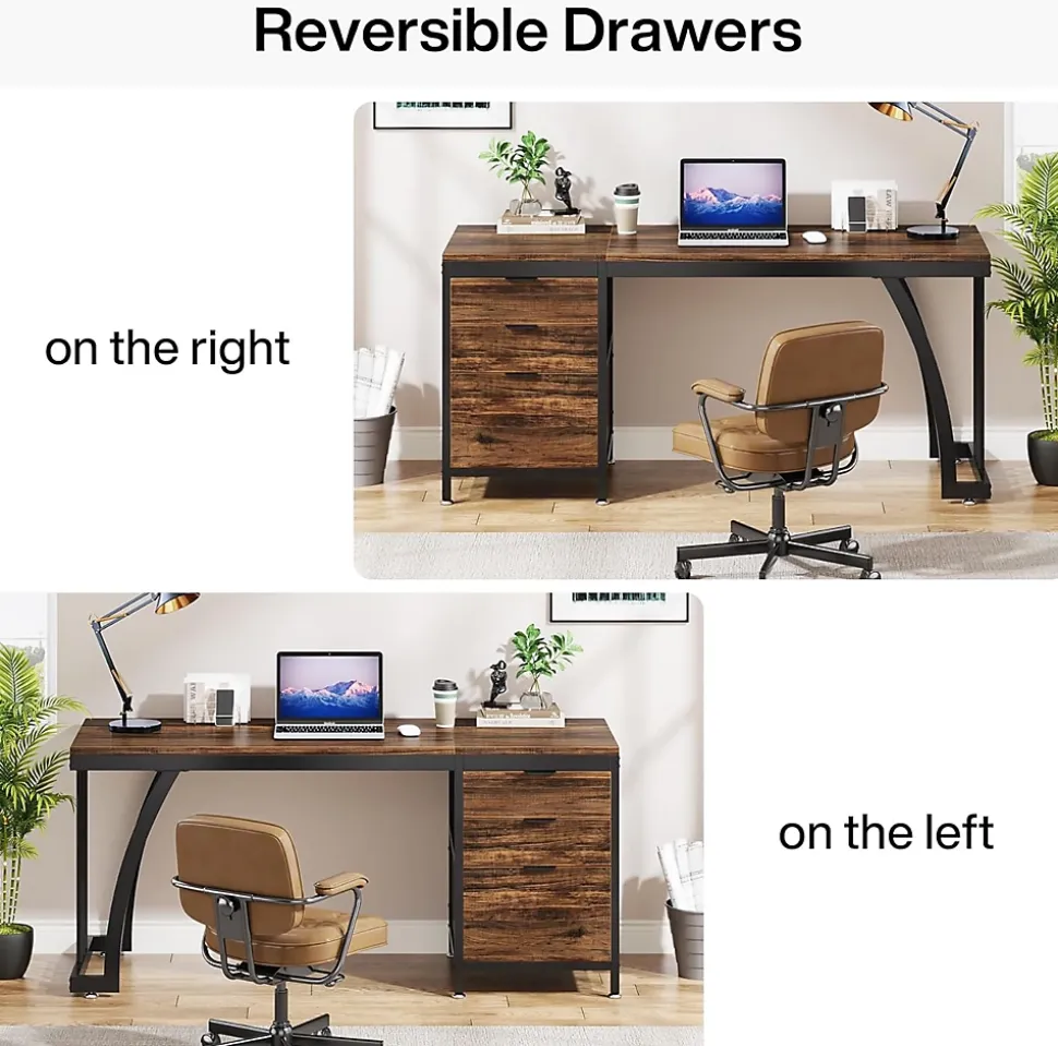 Tribesigns Bureau de 150 cm avec tiroirs réversibles Marron Rustique