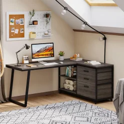 Tribesigns Bureau d'ordinateur en forme de L avec 3 tiroirs gris