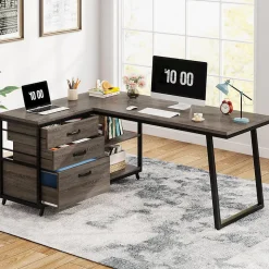 Tribesigns Bureau d'ordinateur en forme de L avec 3 tiroirs gris