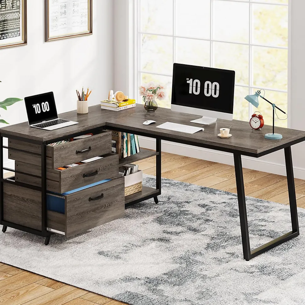 Tribesigns Bureau d'ordinateur en forme de L avec 3 tiroirs gris