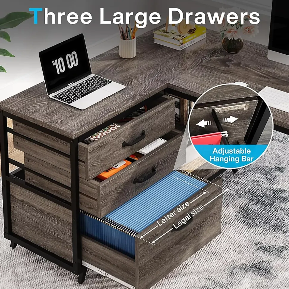 Tribesigns Bureau d'ordinateur en forme de L avec 3 tiroirs gris