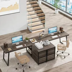 Tribesigns Bureau d'ordinateur en forme de L avec 3 tiroirs gris