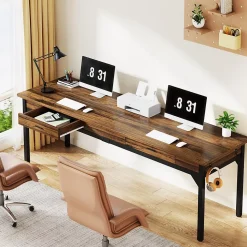 Tribesigns Bureau Informatique Double avec 2 Schublades Marron Rustique