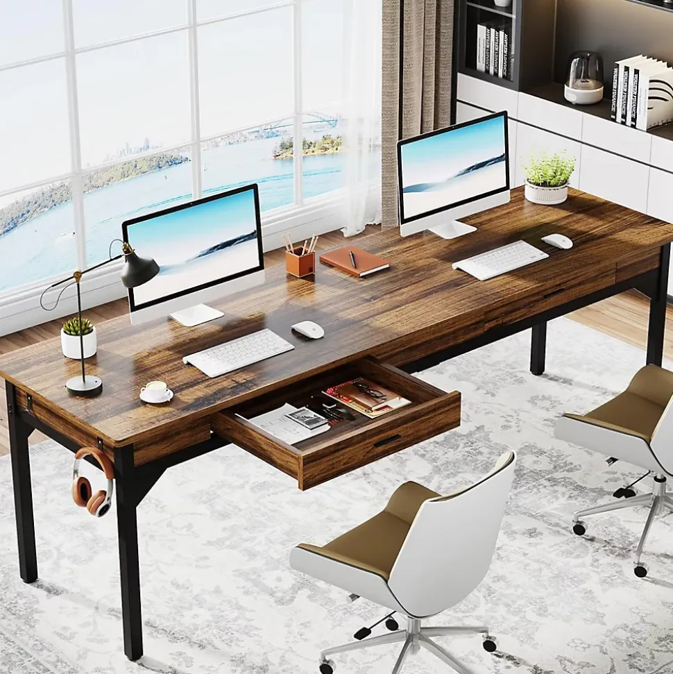 Tribesigns Bureau Informatique Double avec 2 Schublades Marron Rustique