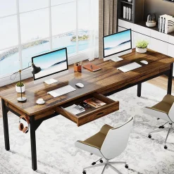 Tribesigns Bureau Informatique Double avec 2 Schublades Marron Rustique