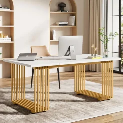 Tribesigns Bureau Moderne de 180 cm Blanc & Or