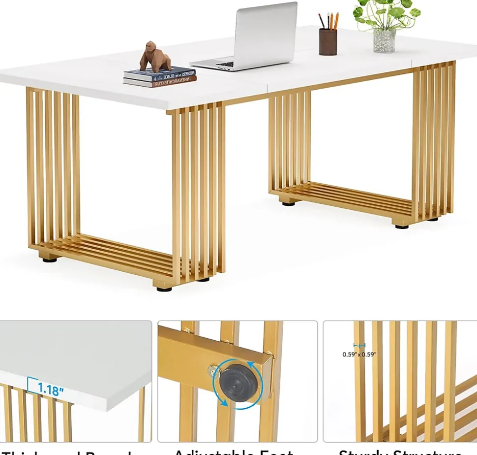 Tribesigns Bureau Moderne de 180 cm Blanc & Or