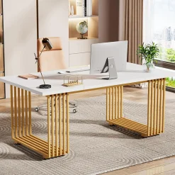 Tribesigns Bureau Moderne de 180 cm Blanc & Or