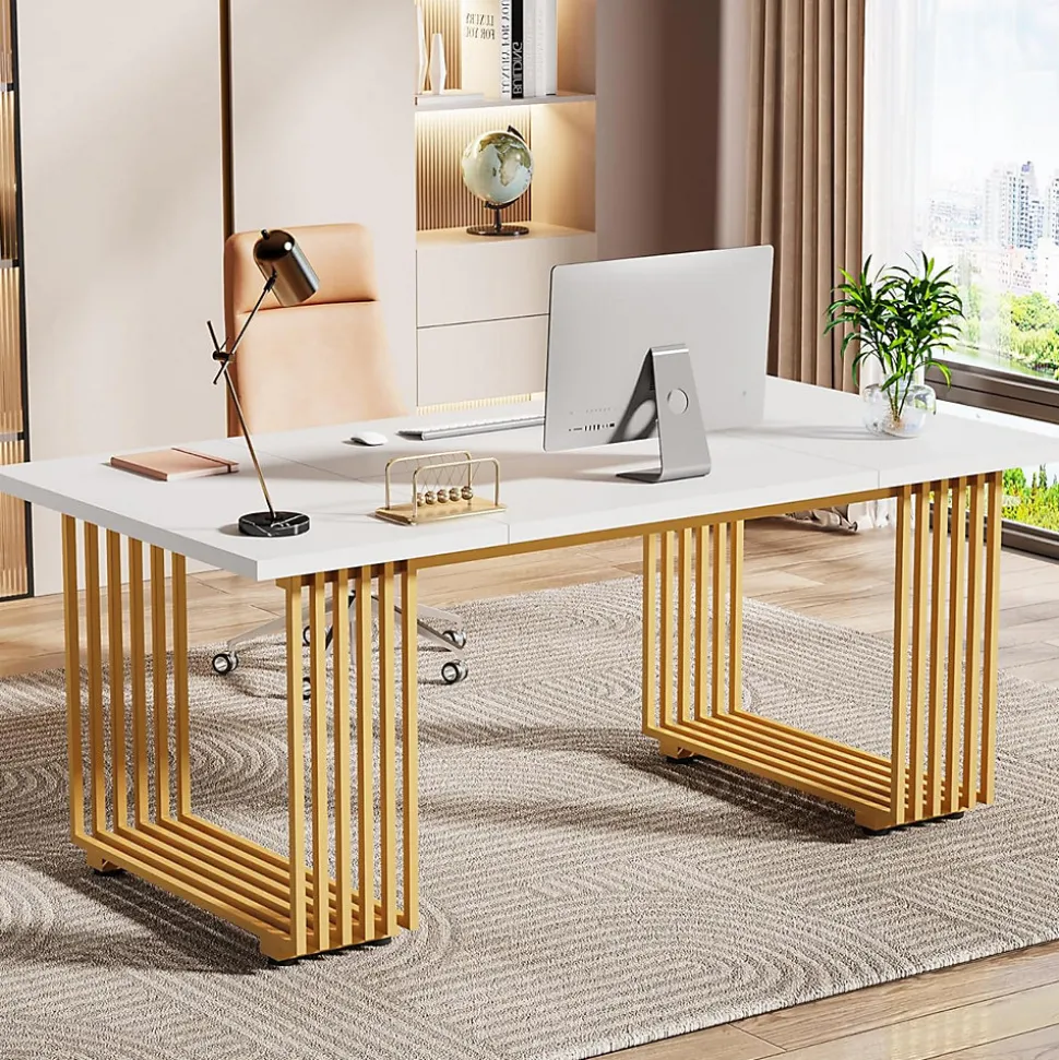 Tribesigns Bureau Moderne de 180 cm Blanc & Or