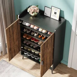 Tribesigns Meuble à chaussures à 7 niveaux avec portes et étagères réglables marron rustique