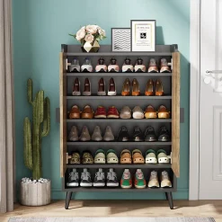 Tribesigns Meuble à chaussures à 7 niveaux avec portes et étagères réglables marron rustique